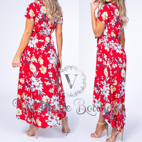ONLY 2 LEFT! Red floral high low maxi dress - Picture 3 of 4